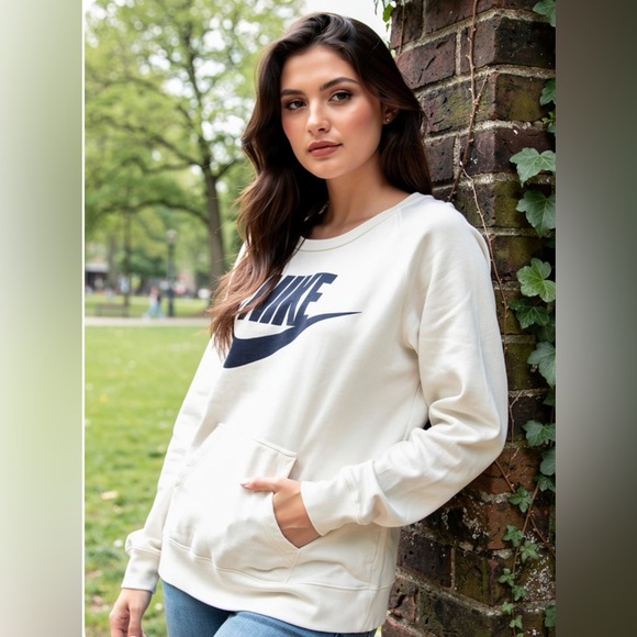 Nike Tops - Retro Nike Pocket Pullover Cream w/ Navy Swoosh